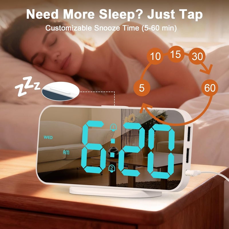 ALANAS Mirror Digital Alarm Clock, Dual Alarms with Snooze, 4-Level Dimmer, 2 USB Ports, Plug in Modern Alarm Clock for Bedrooms (Blue Digit) - Image 4